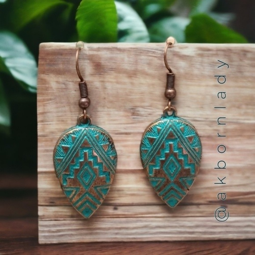 Turquoise and Copper Southwestern Designed Large Water Drop Shaped Earrings